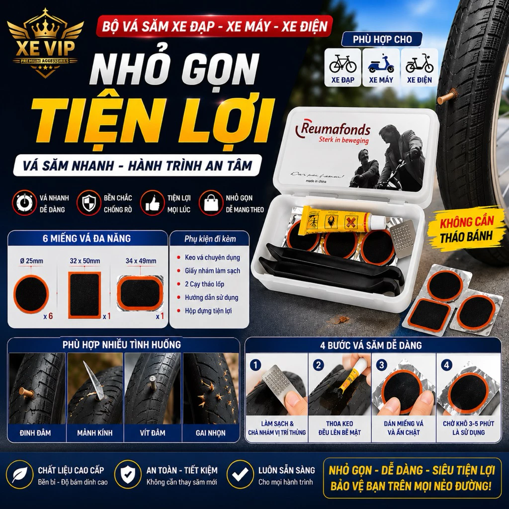 Bộ Vá Săm Xe Đạp Xe Máy Xe Điện Mini Cao Su Tự Vá Kèm Keo Vá, Nạy Lốp, Giấy Nhám - Bộ Sửa Chữa Lốp Khẩn Cấp