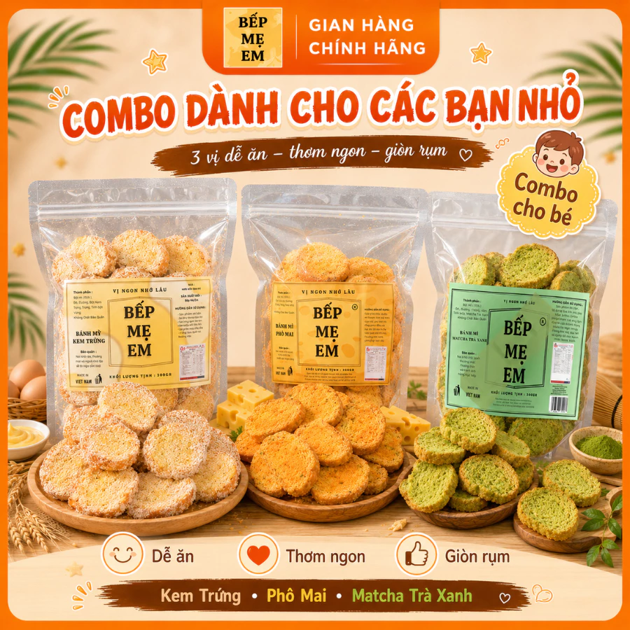 Bếp Mẹ Em - Combo 3 gói Bánh mỳ sấy Phomai - Kem Trứng - Matcha , Bánh Mỳ Sấy Nguyên Miếng Dành Cho Các Bạn Nhỏ