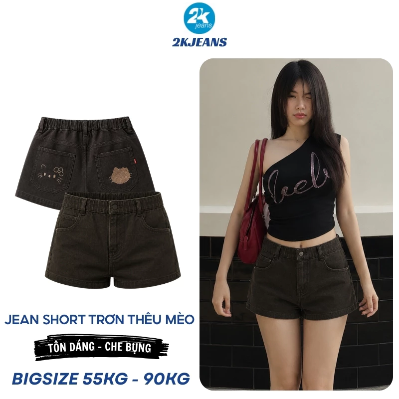 [DEAL SỐC] Quần Short Jean Nữ Nâu Đậm Bigsize QC1326 Cạp Cao Form Trơn Thêu Mèo Túi Sau 55-90kg 2KJEANS