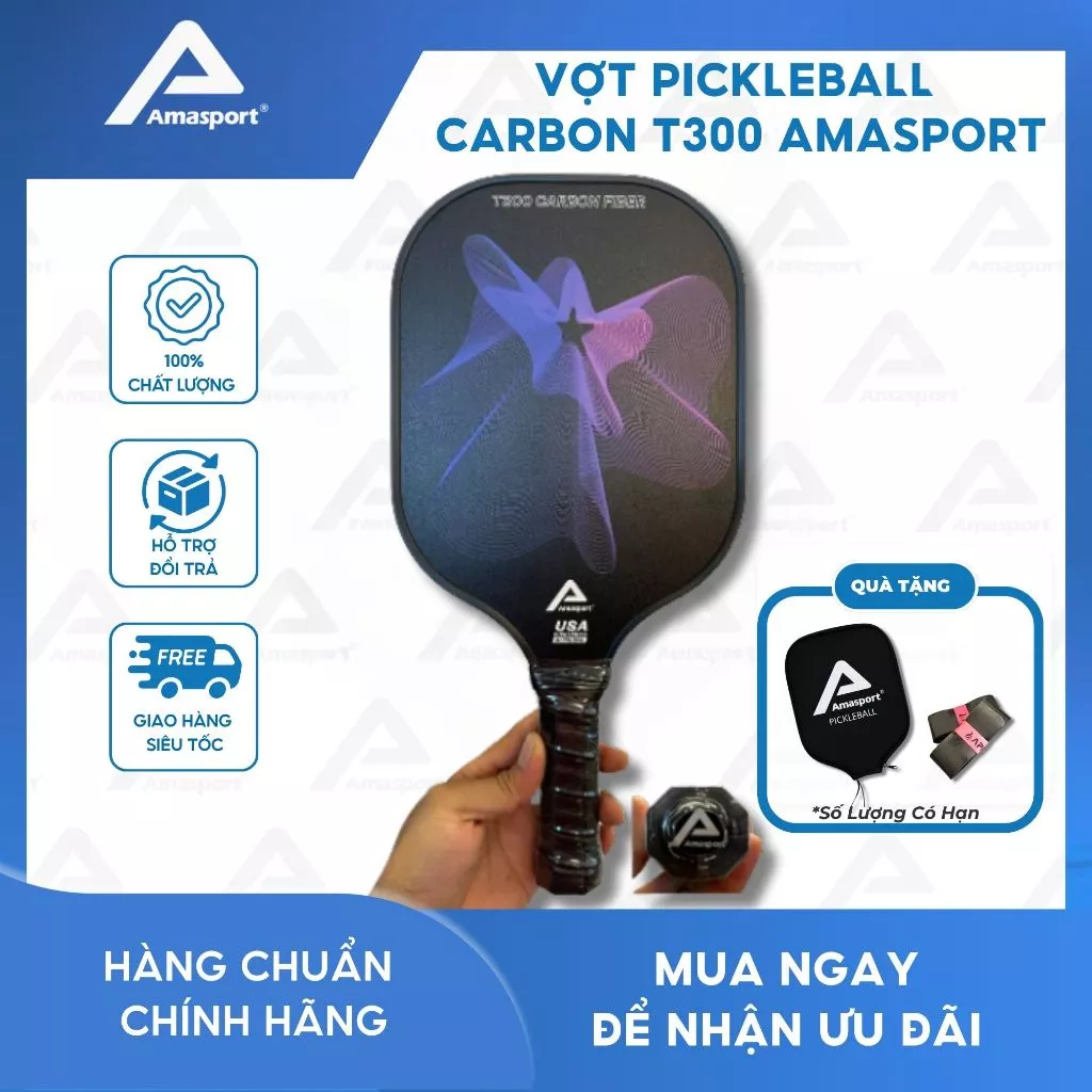 Vợt Pickleball carbon T300 AMASPORT sợi Carbon một mảnh Dropshipping, Vợt được cấp chứng nhận USAPA