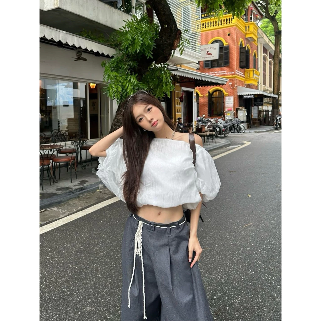[MINT] Áo lệch vai chun gấu tơ sóng mềm mại olive top