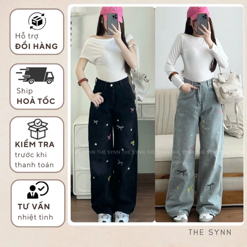 Q15 - Quần Jeans Suông Nữ Form Rộng Thêu Nơ