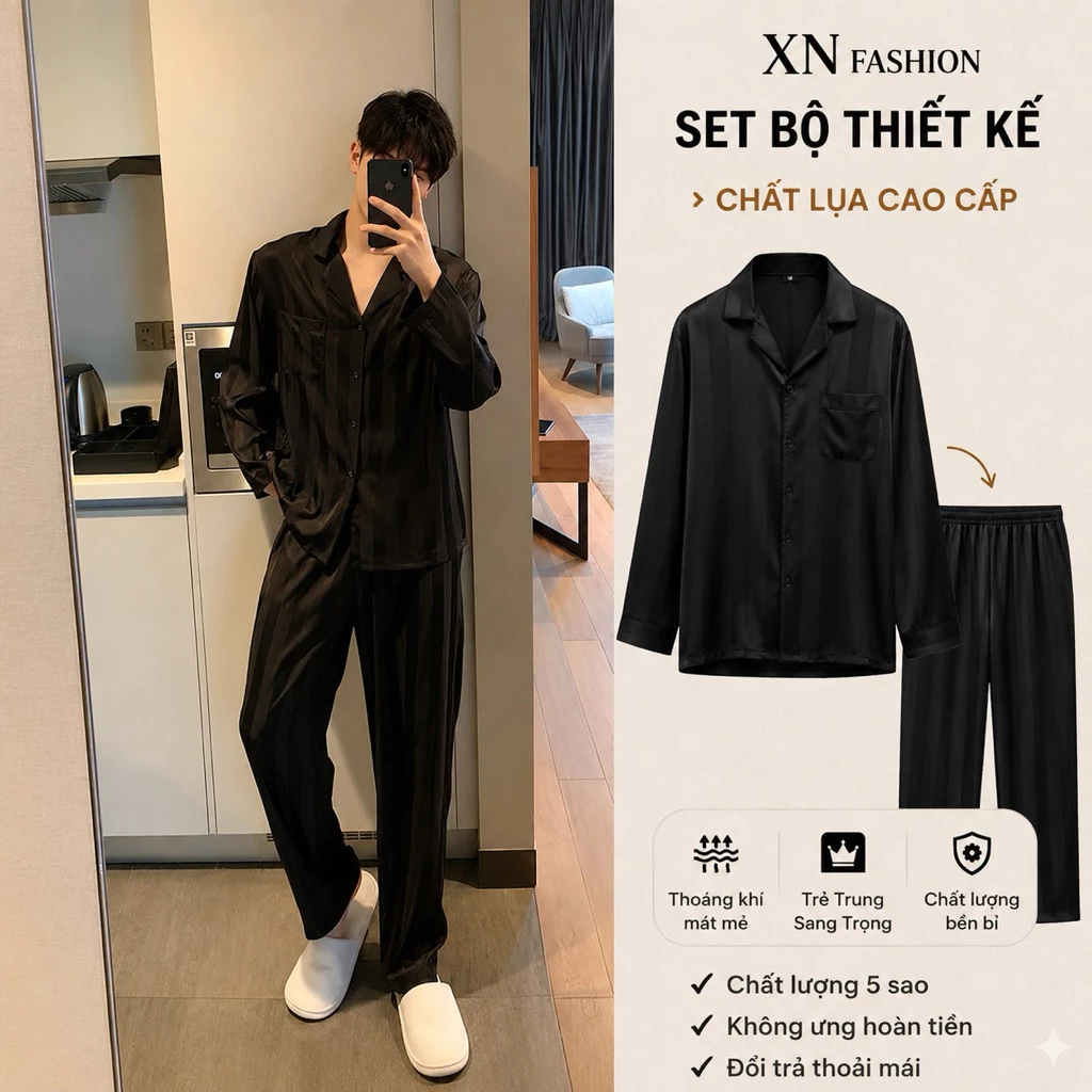 [DEAL  ĐẦU NĂM ] Bộ quần áo ngủ ,bộ ngủ lụa xuân thu nam nữ kẻ sọc dài tay cao cấp sz từ 40-85kg