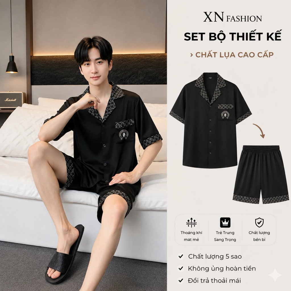 Bộ quần áo ngủ, Bộ Lụa Mặc Nhà Nam Nữ Sọc Be Quần Đùi Áo Cộc Chất Lụa Gấm Cao Cấp Size Từ 40-95kg.