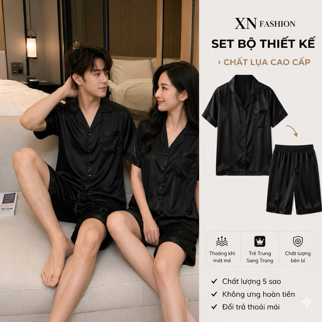 Bộ đồ ngủ, bộ đồ lụa mùa hè xuân thu cộc tay quần đùi cho nam nữ sz từ 40-75kg