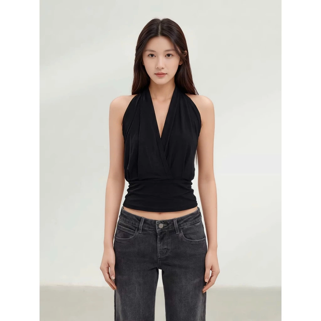 Áo thun cổ yếm dáng ôm đắp chéo ngực đen/trắng/xanh tiffany G2 Bigsize -Orimi