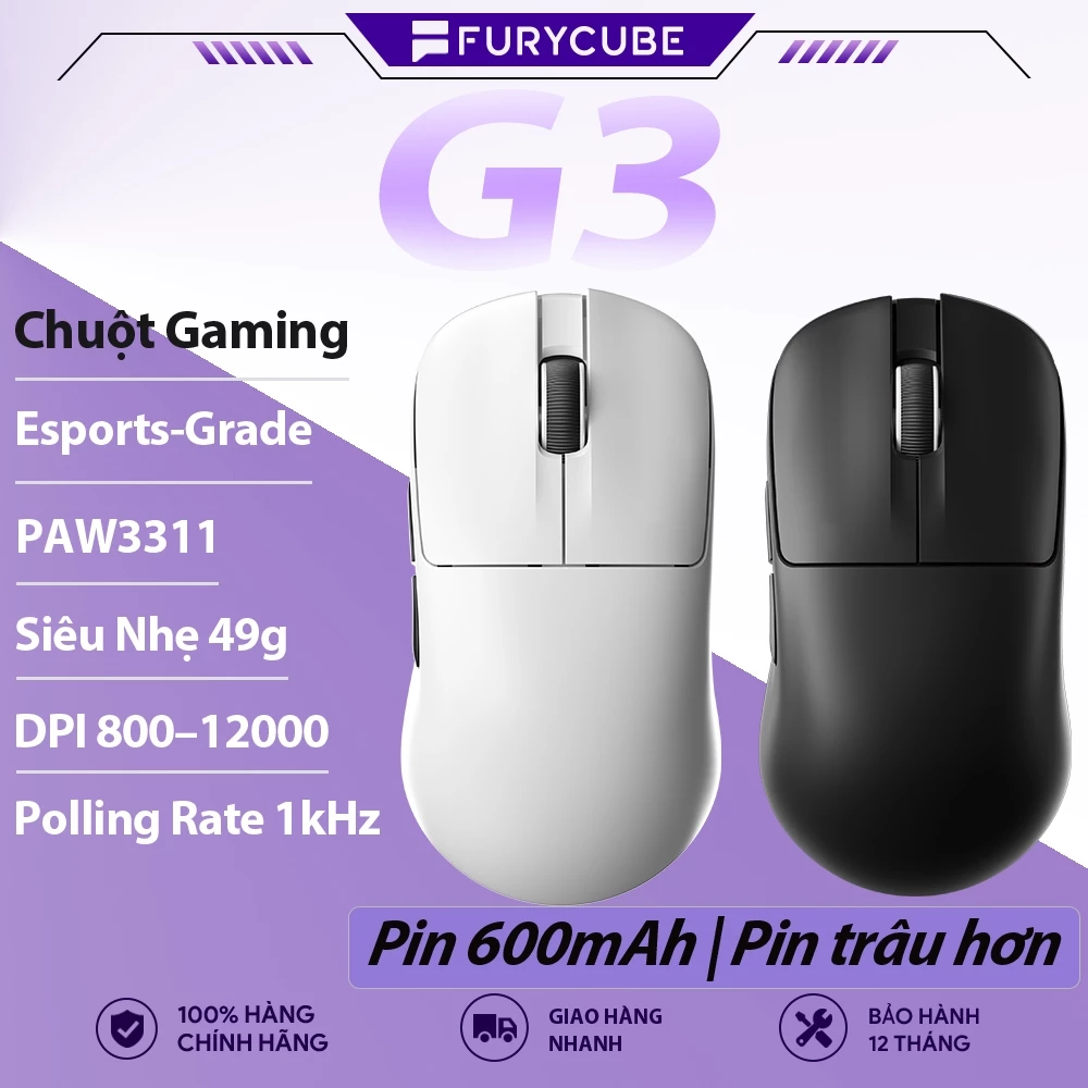 Chuột Gaming FURYCUBE G3 49g Siêu Nhẹ, PAW3311 Chuẩn Esports, 1000Hz Low Latency, Pin 600mAh, 300IPS