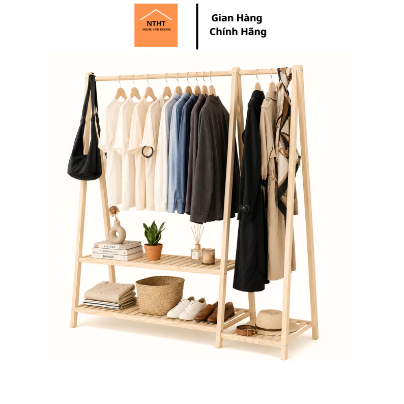 Kệ treo quần áo DECORHT1992 2 ngăn bằng gỗ thông tự nhiên kích thước dài 1m25