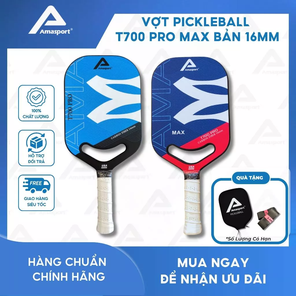 Vợt pickleball T700 Pro Max bản 16mm mầu xanh mặt vợt carbon có độ nhám cao giúp tăng khả năng ma sát khi đánh bóng