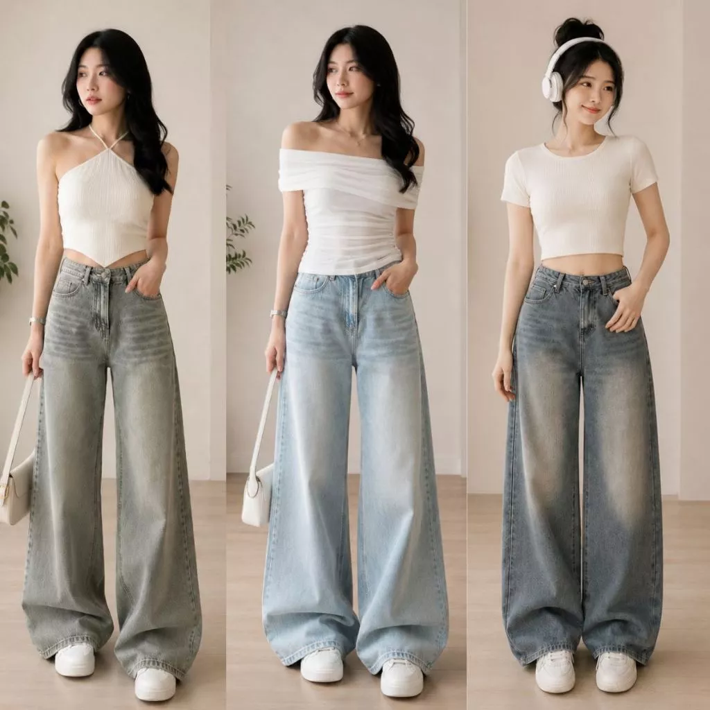 Quần Jean Nữ MIAA ỐNG suông dáng rộng cạp cao Màu Xanh Trắng Wash Đen chất bò RIN mềm denim BIGSIZE