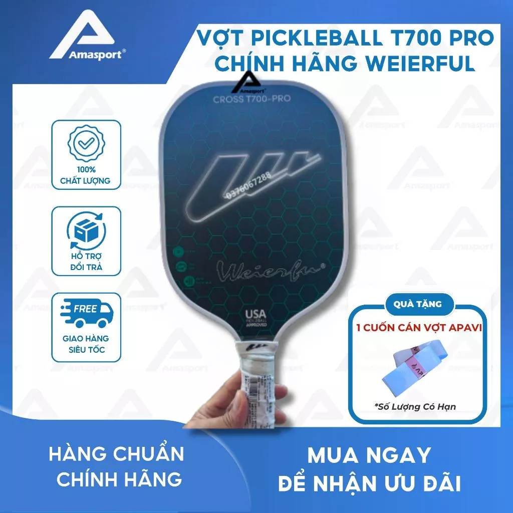 Vợt Pickleball  T700 PRO chính hãng WEIERFUL mặt vợt carbon Teflon giúp mặt vợt ma sát tốt hơn đạt tiêu chuẩn USAPA