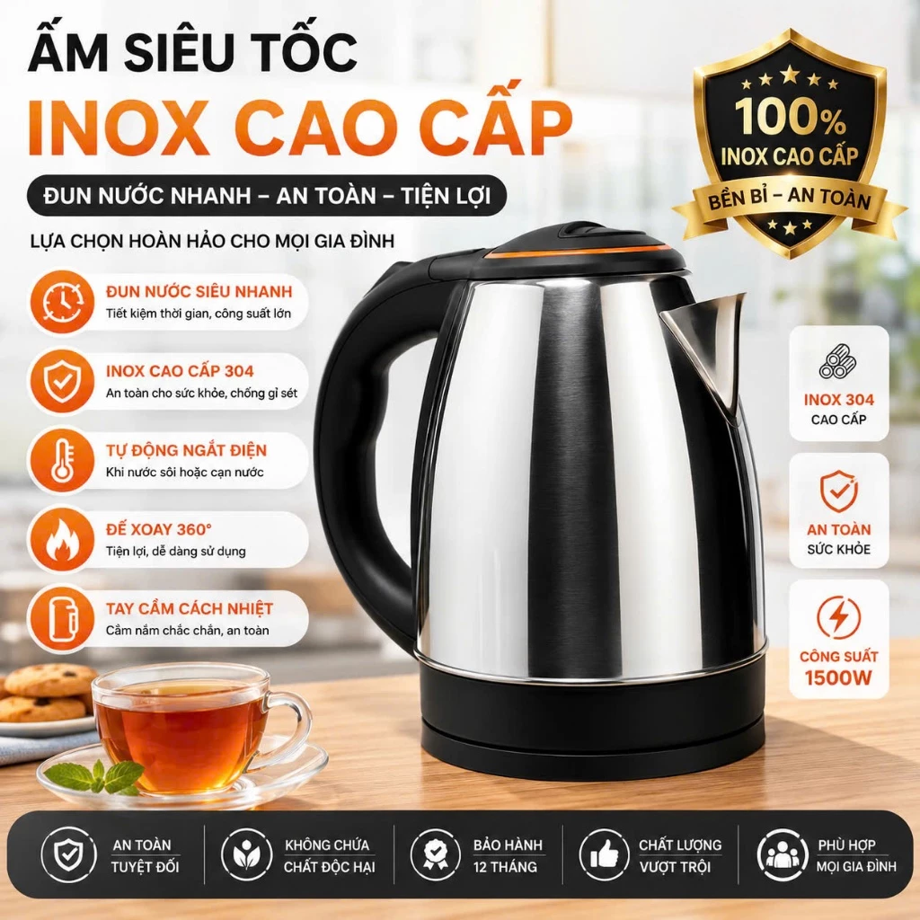 Ấm Siêu Tốc 1.8L PTLUXURY Thiết Kế Cao Cấp Sôi Nhanh Tiết Kiệm Điện [ HÀNG CHÍNH HÃNG ]