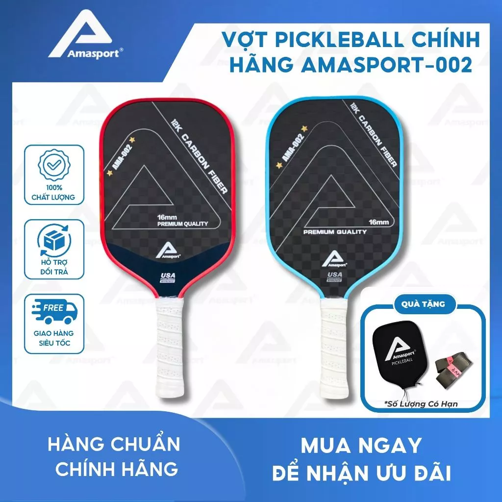 Vợt Pickleball chính hãng AmaSport -002 Premium Quality mặt vợt 12k giúp tăng khả năng tạo lực, kiểm soát và Spin tốt
