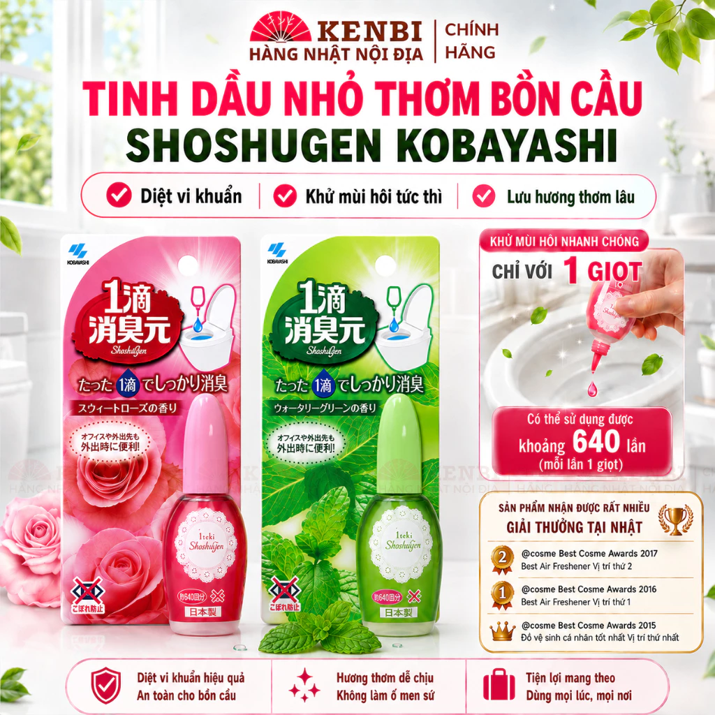 Nước hoa nhỏ thơm bồn cầu Shoshugen Kobayashi lọ 20ml đậm đặc màu hồng hương hoa thơm ngát nội địa Nhật
