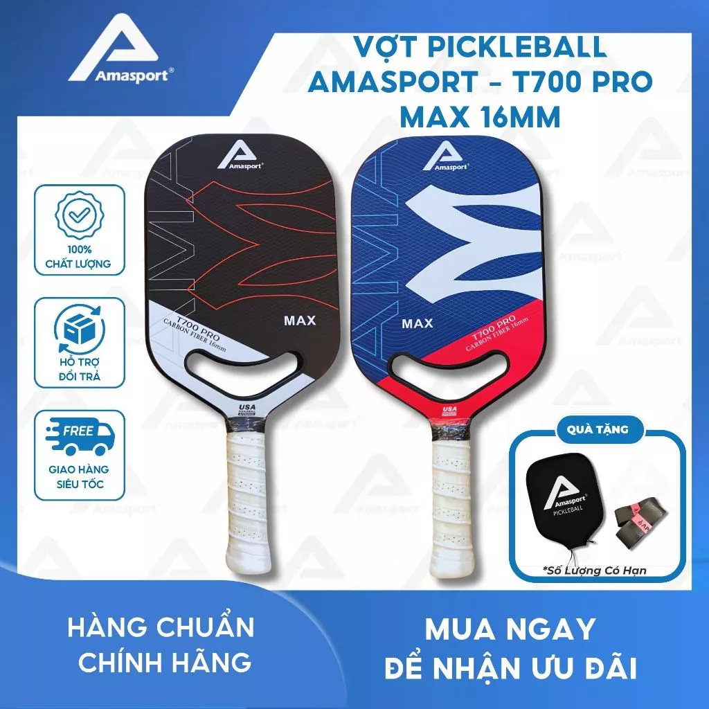 Vợt pickleball chính hãng AMA SPORT - T700 PRO MAX 16mm mặt vợt carbon có độ nhám cao và ma sát cao
