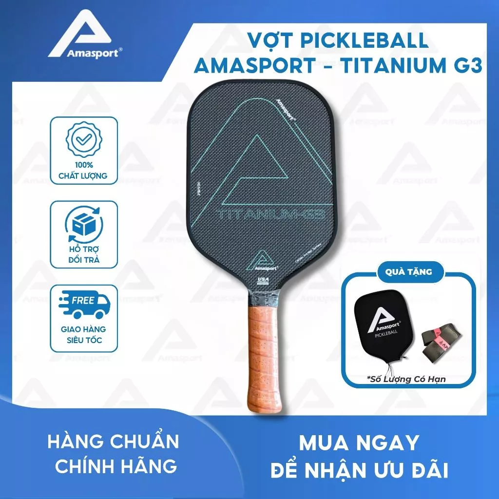Vợt pickleball chính hãng AMA SPORT - Titanium G3 tạo xoáy (Spin) tốt, kiểm soát tốt trong các pha điều bóng