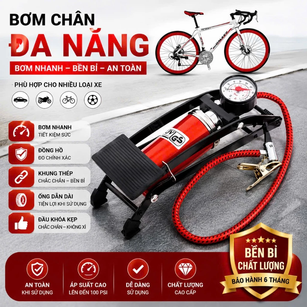 Bơm đạp chân mini PTLUXURY bơm xe đap , xe máy , ô tô [ HÀNG TỐT ]