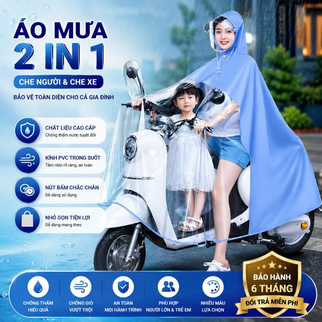 Áo mưa trong suốt PLSHARK che phủ toàn thân kèm kính chắn mưa tiện lợi