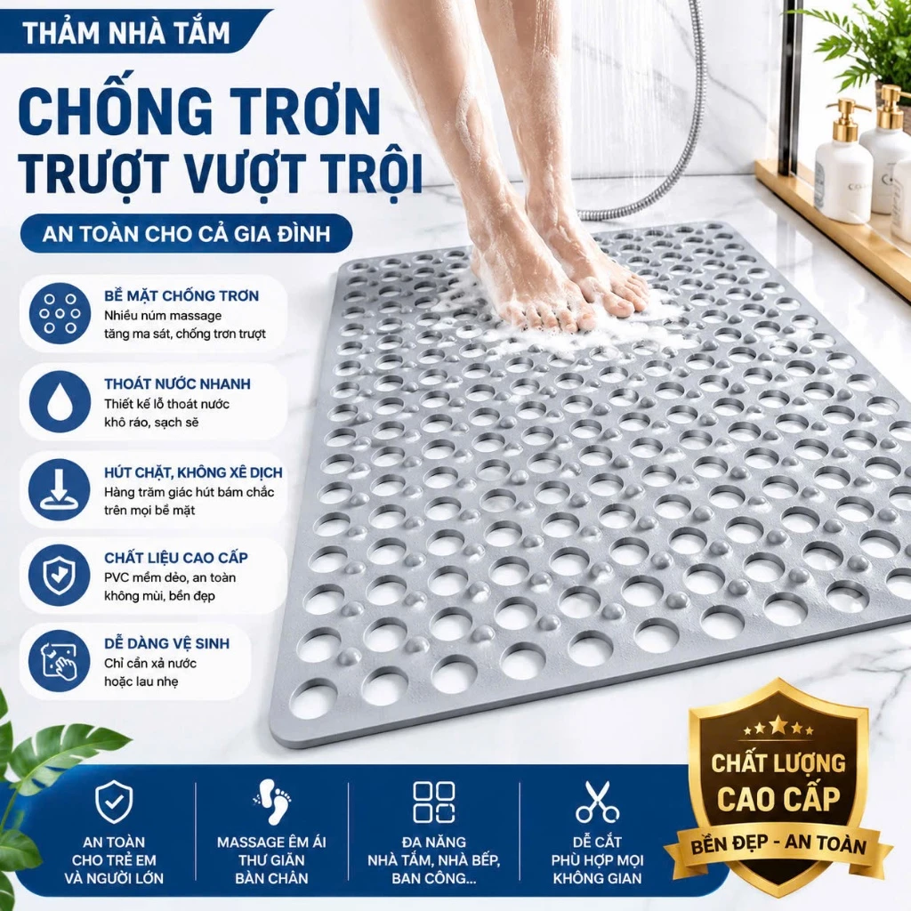 Thảm lót nhà tắm chống trơn trượt chất liệu cao su độ bám dính cao kích thước 72 CM x 36 CM - PTLUXURY
