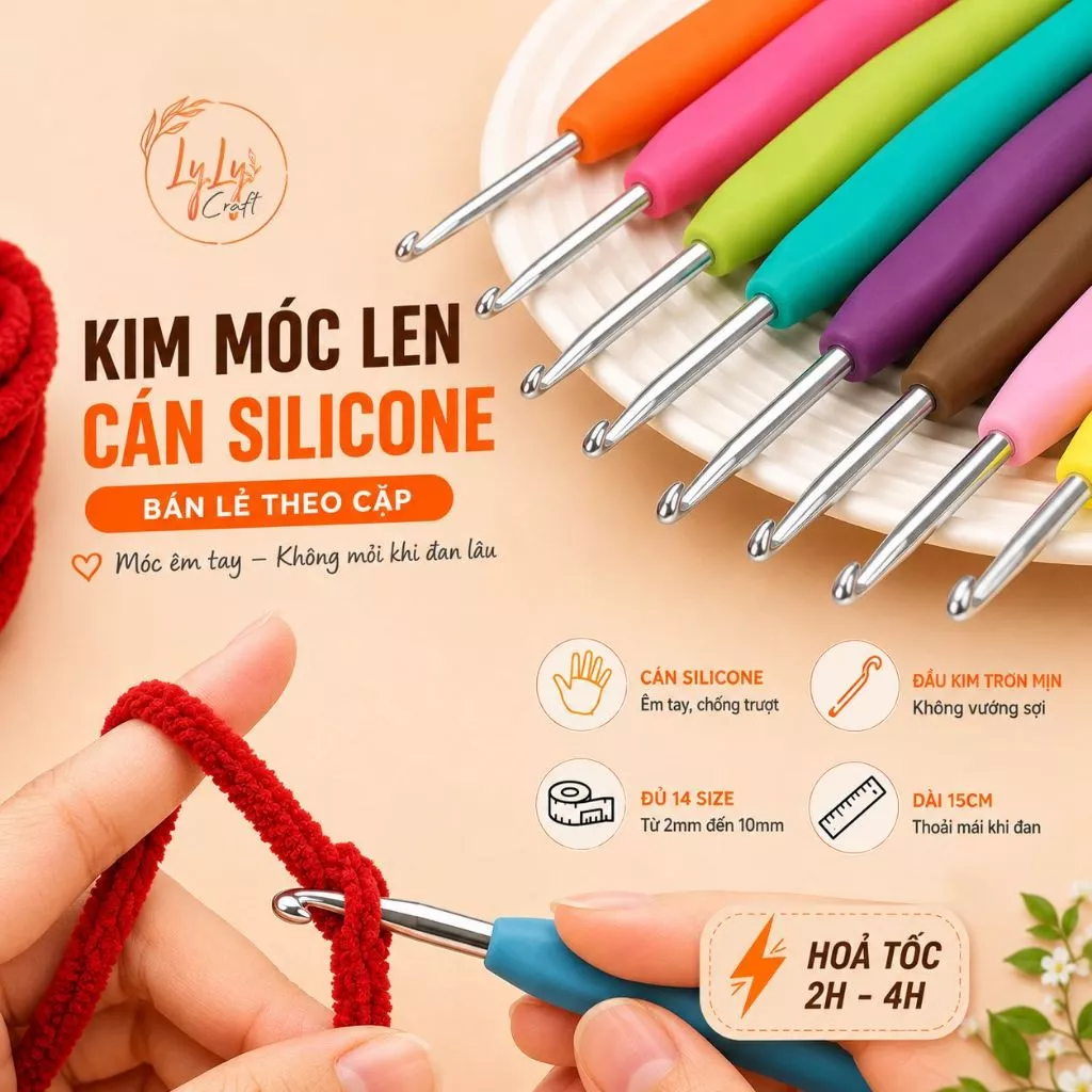 Kim Móc Len Silicon Cho Người Mới Bắt Đầu Đủ Size 2mm-10mm Chuyên Móc Len Milk Cotton, Nhung Đũa