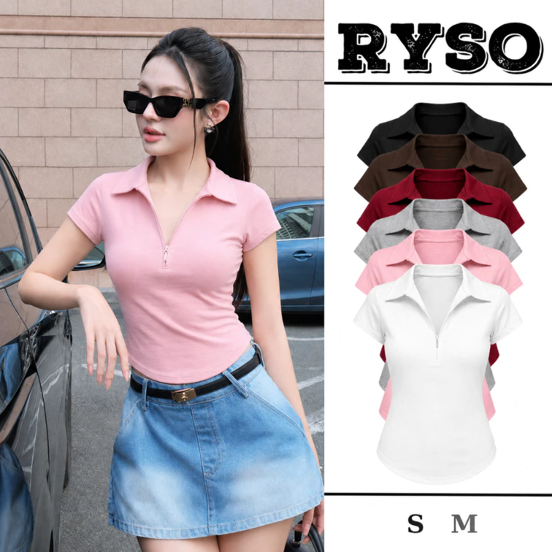 Áo Thun Nữ Cổ Polo Tay Ngắn Phối Khóa Kéo Vạt Bầu Ôm Body Chất Borip Cotton Co Giãn TN13 RYSO STORE