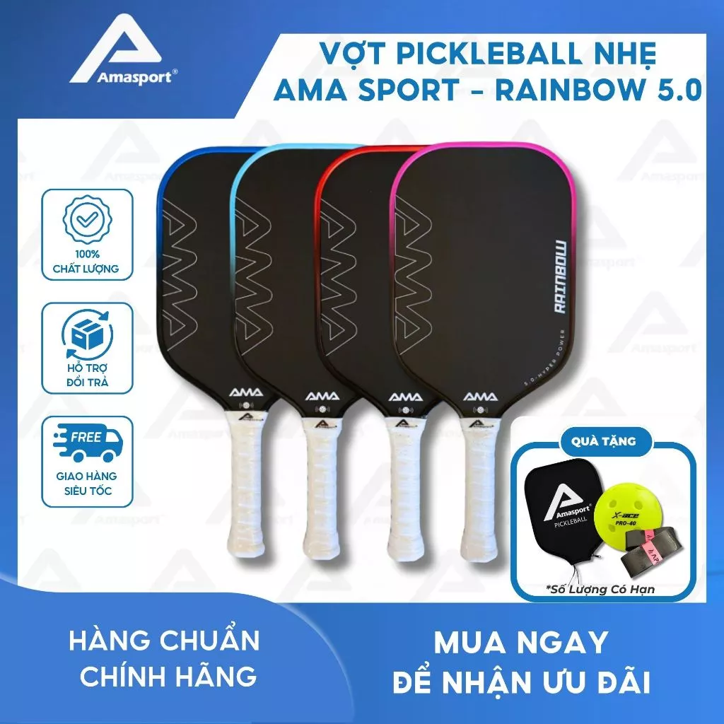 Vợt pickleball nhẹ chính hãng AMA SPORT - RAINBOW 5.0 mặt nhám cao tạo xoáy mạnh kiểm soát tốt có tích hợp NFC