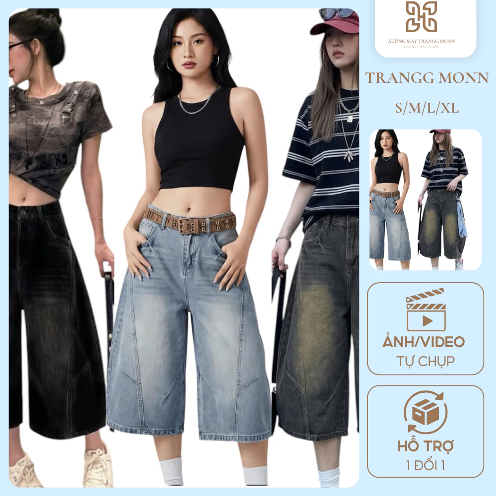 Quần Short Jean Lửng khóa Nữ Ống Rộng Cạp Cao Form Rộng Cá Tính, Quần Jean Short Lửng Qua Gối Unisex Cả Nam Nữ - Q04