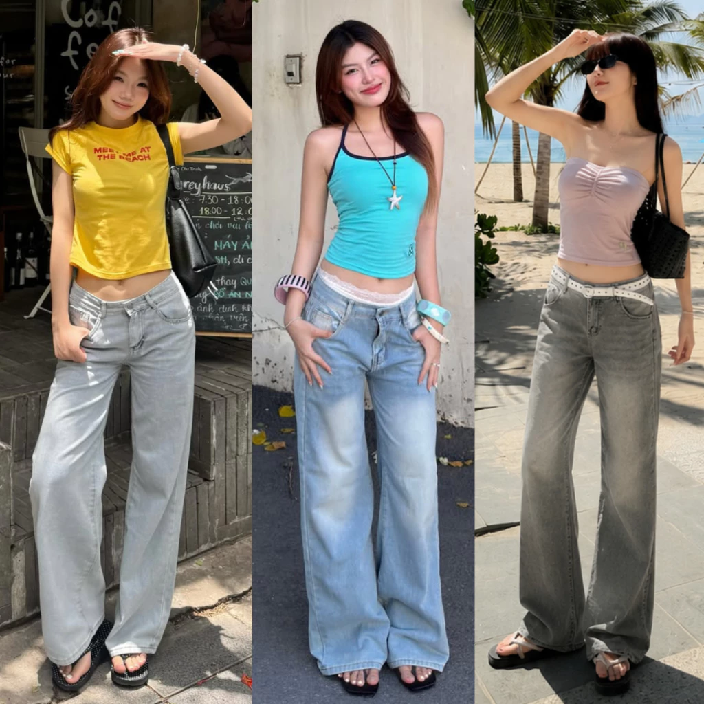 Quần Jean Nữ MIAA cạp trễ Màu Xanh trắng form ống suông tôn dáng phong cá tính đầy đủ size