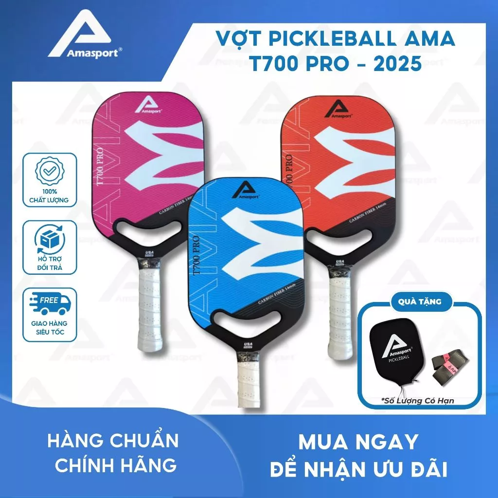 Vợt pickleball AMA T700 PRO - 2025 Hồng chính hãng, chất liệu carbon mặt vợt phun cát tạo nhám giúp tăng độ nhám tốt hơn