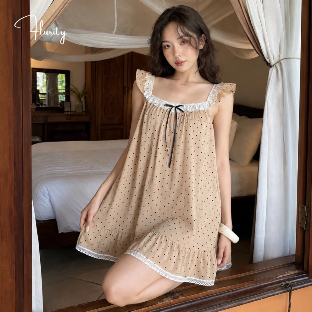 Đầm Ngủ Lụa Tô Châu Thiết Kế Chấm Bi Phối Ren & Nơ Form Xòe Rộng Mềm Mại FLURITY - VENUS DALUBI985