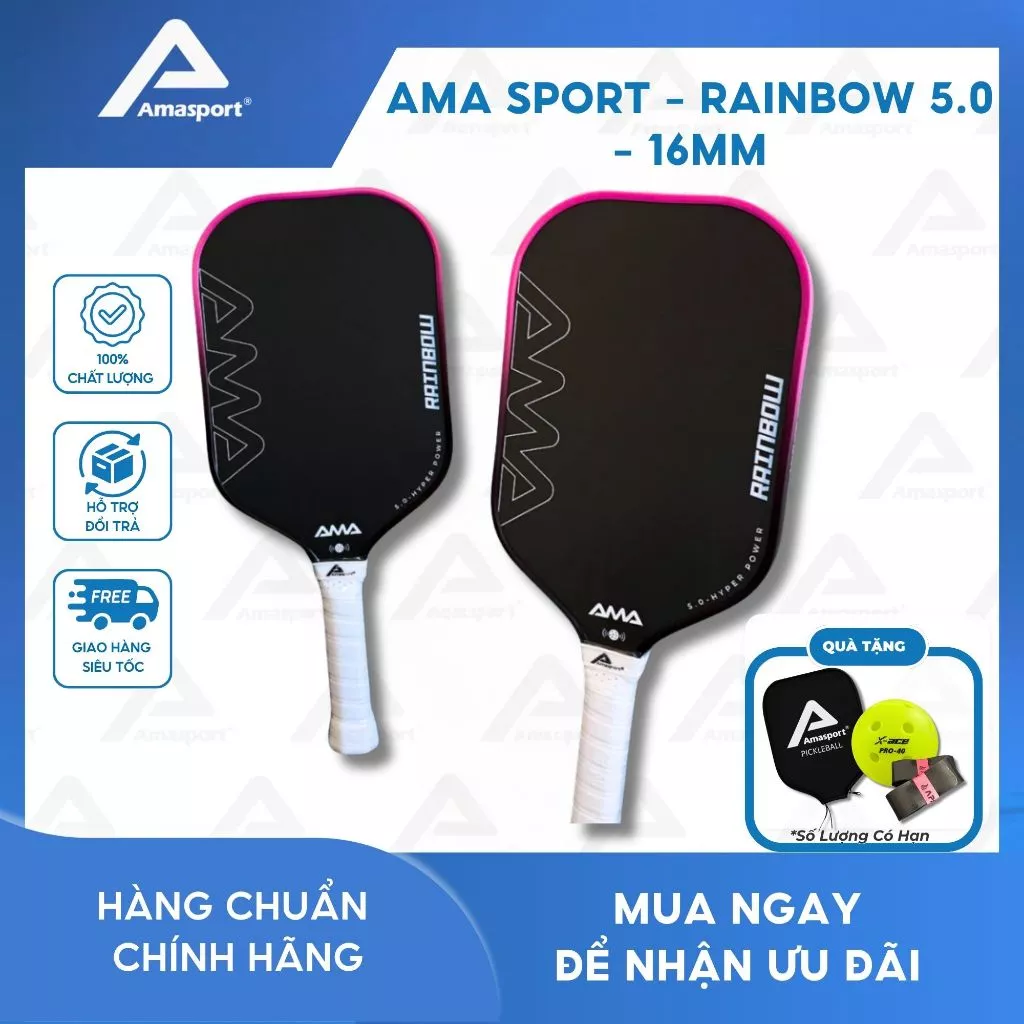 Vợt pickleball chính hãng AMA SPORT - RAINBOW 5.0 - 16mm tích hợp NFC,độ nhám cao, RAINBOW - Hồng