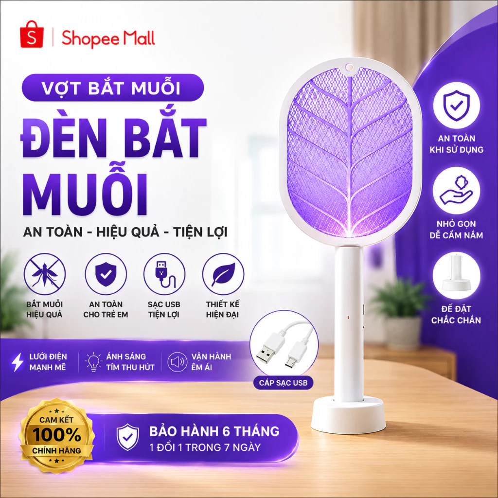 Vợt muỗi PTLUXURY tự động kiêm đèn bắt muỗi 2 in 1 tự động sạc tích điện [ Hàng Tốt ]