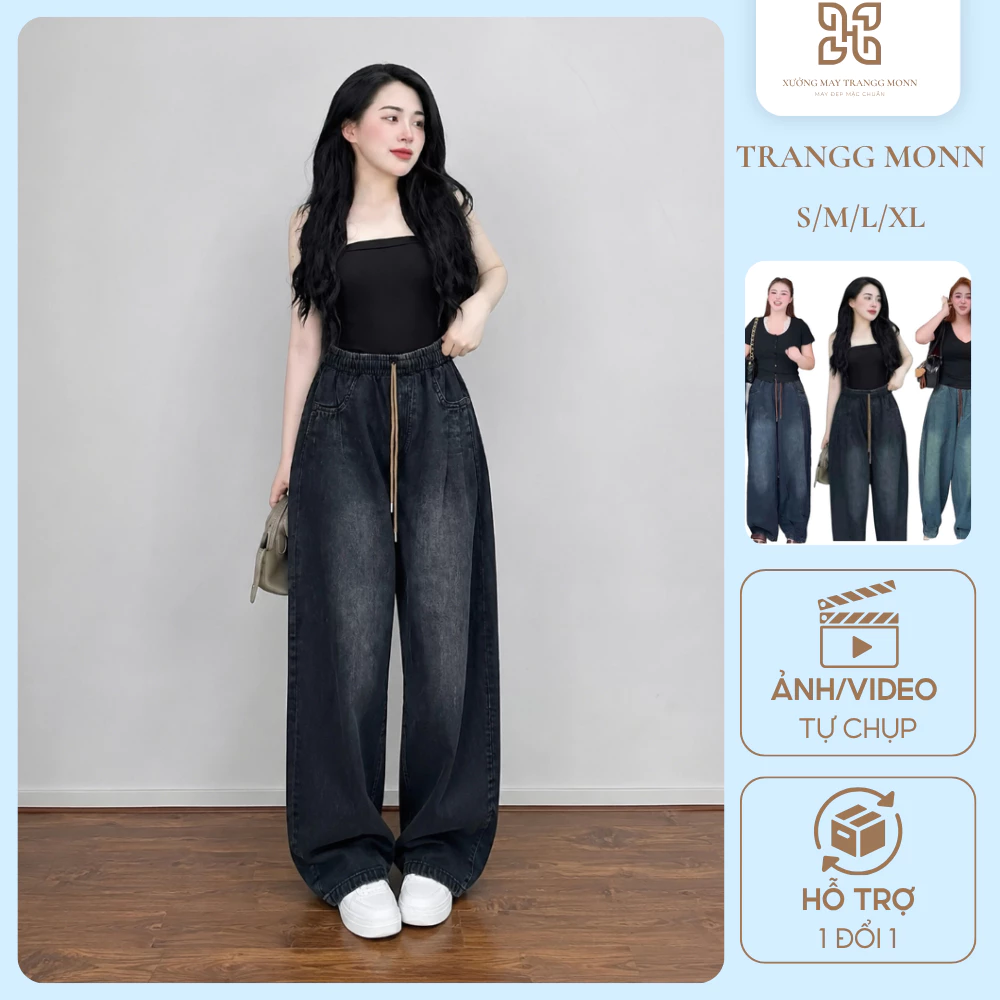 Quần Jean Nữ Ống Rộng Bo Gấu Lưng Chun Eo Co Giãn , From Dáng Thụng Rộng, Chất Mềm Mịn Mát Có Bigsize - Q32