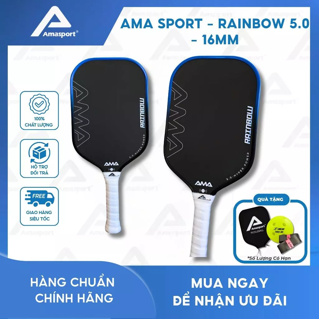 Vợt pickleball chính hãng AMA SPORT - RAINBOW 5.0 - 16mm tích hợp NFC,độ nhám cao, RAINBOW - Xanh Dương