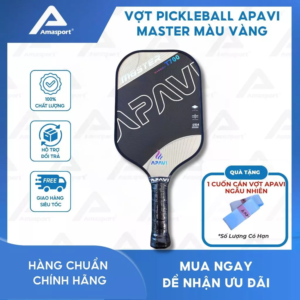 Vợt Pickleball Apavi MASTER màu VÀNG, 100% Sợi Carbon T700, dày 16mm, phù hợp lối đánh tấn công