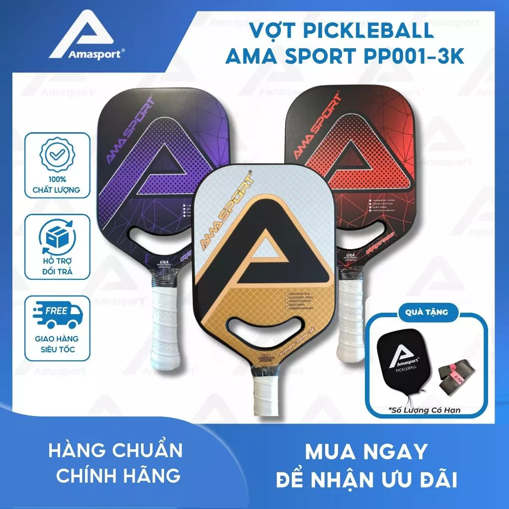 Vợt Pickleball AMA SPORT PP001-3k tiêu chuẩn thi đấu, huấn luyện chuyên nghiệp mặt vợt carbon 3K được chứng nhận USAP