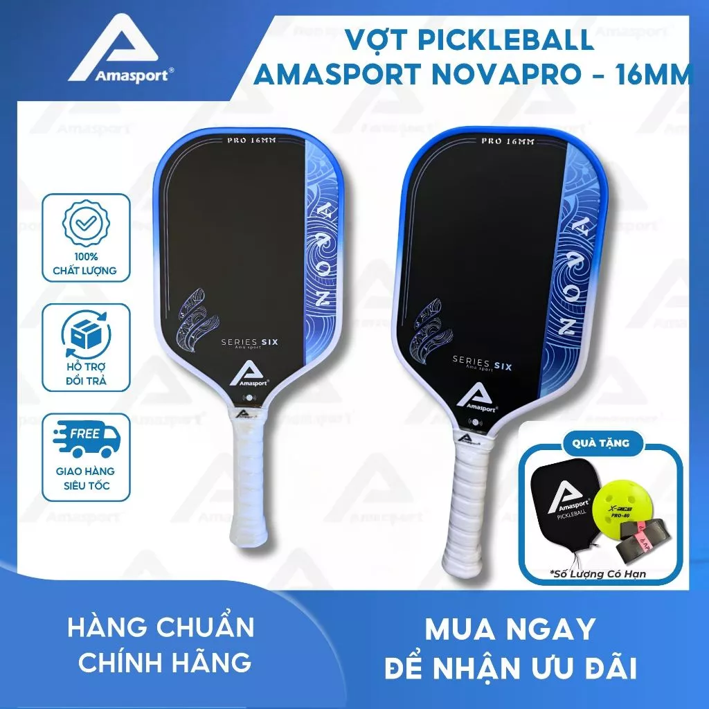Vợt pickleball thi đấu chính hãng AMA SPORT - NOVAPRO - 16mm, mặt vợt có độ nhám cao đánh xoáy mạnh chống rung tốt