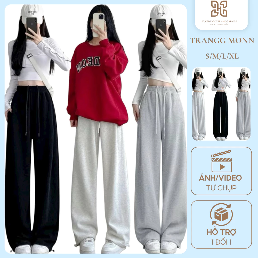 Quần Xuông Nỉ 2 Da Nữ Dáng Xuông Dây Rút Gấu Có Thể Mix 2 Kiểu Đa Năng Cạp Chun Dây Rút Eo, Chất Dày Ấm Mùa Đông 2025