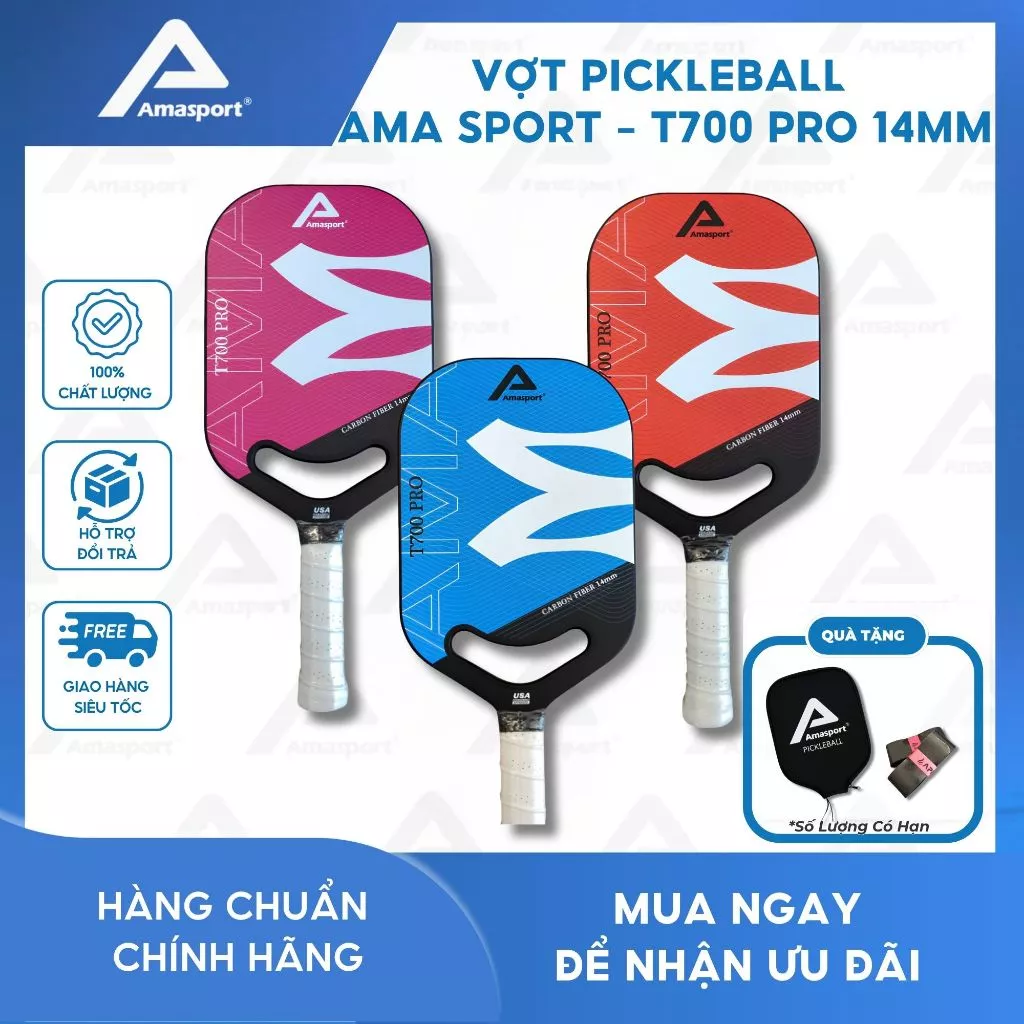 Vợt pickleball chính hãng AMA SPORT - T700 PRO 14mm chất liệu sợi carbon FIBER độ nhám, đàn hồi cao