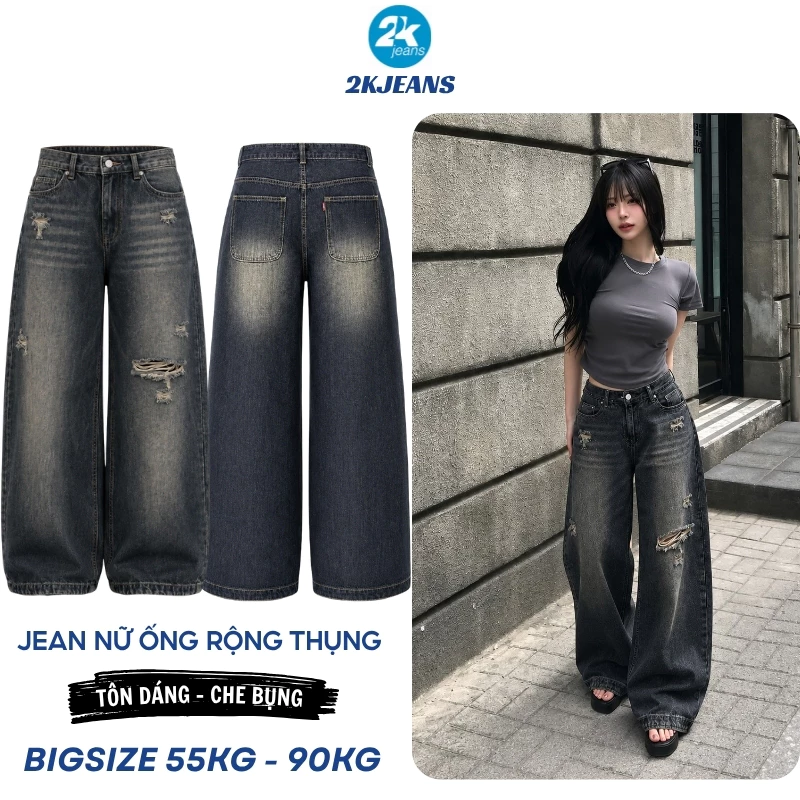 [DEAL SỐC] Quần Jean Nữ Bigsize QC624 Ống Rộng Thụng Phong Cách Streetwear Rách Wash Bụi 2KJEANS