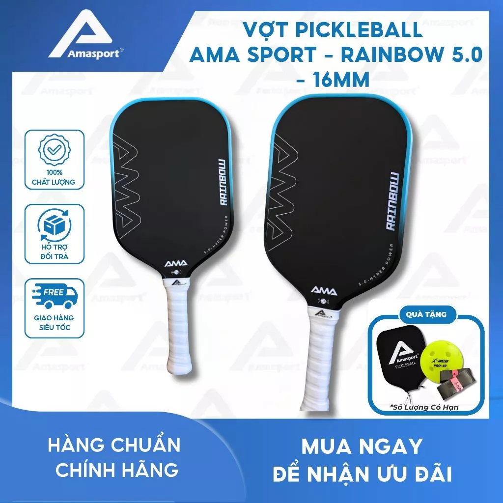 Vợt pickleball chính hãng AMA SPORT - RAINBOW 5.0 - 16mm tích hợp NFC,độ nhám cao, RAINBOW - Xanh Ngọc