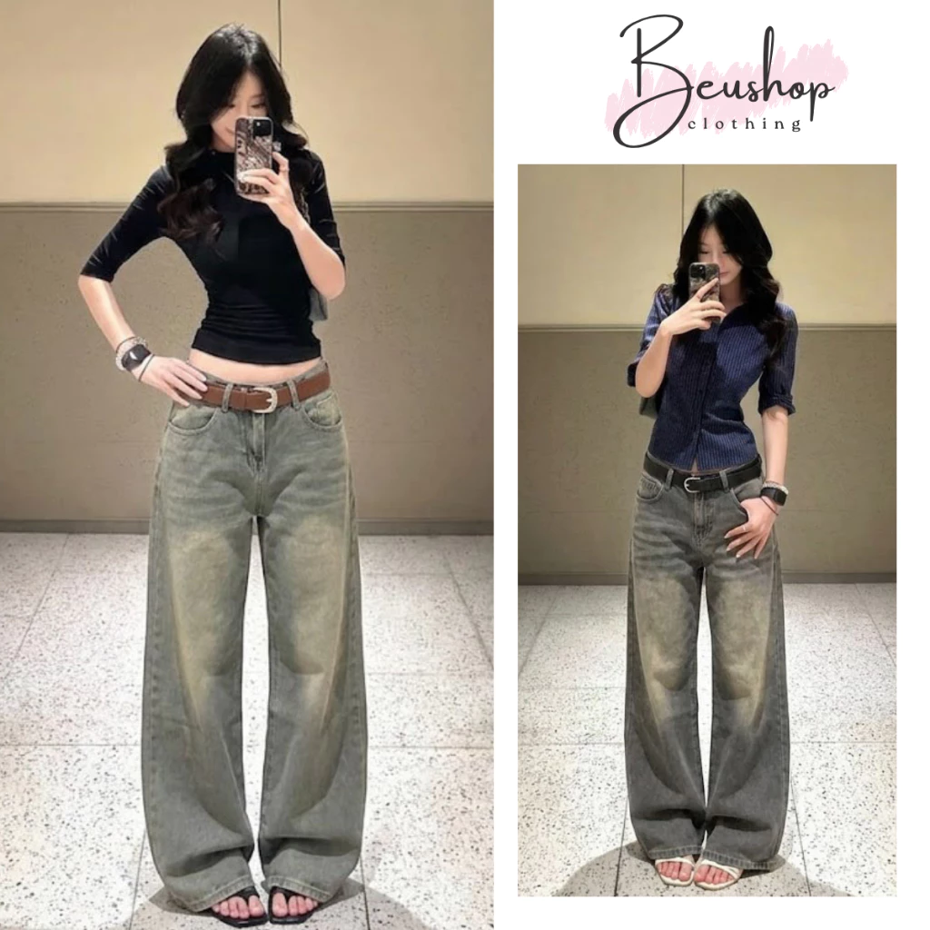 Quần Jean Xanh Xám Cạp Trễ Suông Ống Rộng 28CM Nữ Lưng Cao Quần Jean Nữ Denin Mềm Hack Chân Tôn Dáng