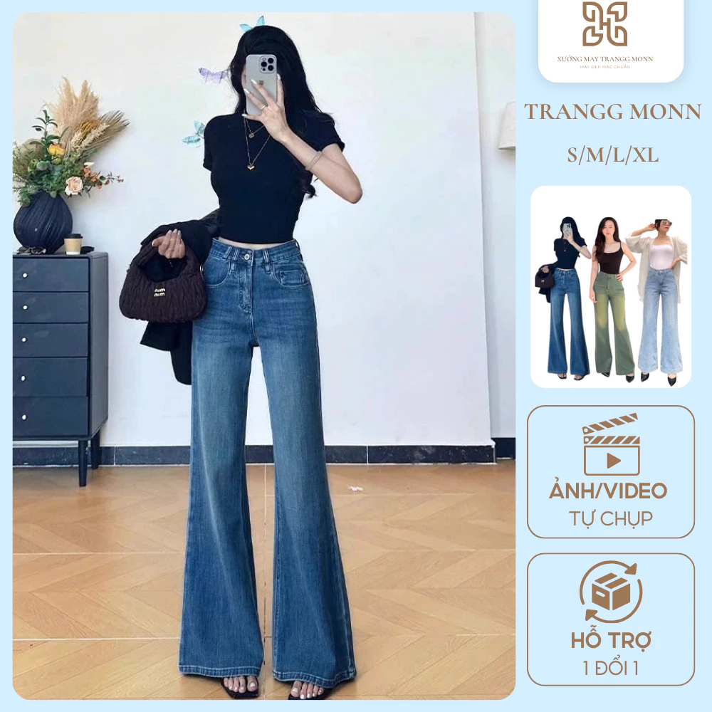 Quần Jeans Nữ Ống Loe Lưng Cao Màu RETRO Chất Dày Dặn Tốt, Quần Bò Loe Cạp Cao Cực Tôn Dáng Hack Dáng Dễ Mix Đồ