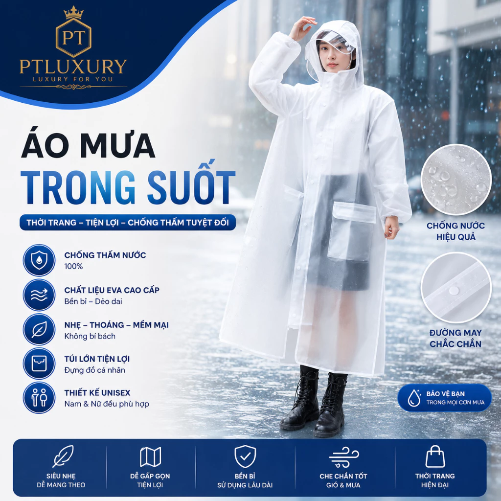 Áo Mưa 1 Người GOLDSUN Trong Suốt Có Khoá Kéo Kèm Khúc Cài Phía Ngoài Chống Thấm Nước Tuyệt Đối [MẪU 2024]