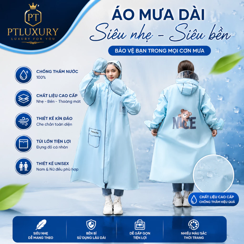 Áo mưa thời trang PTLUXURY in hình gấu có khoá kéo tiện lợi