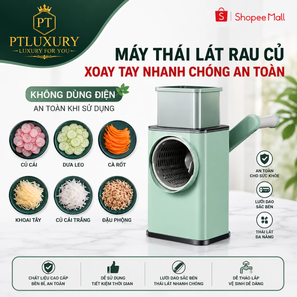 Máy Thái Lát Rau Củ Đa Năng PTLUXURY Kèm 6 Lưỡi Dao Cắt