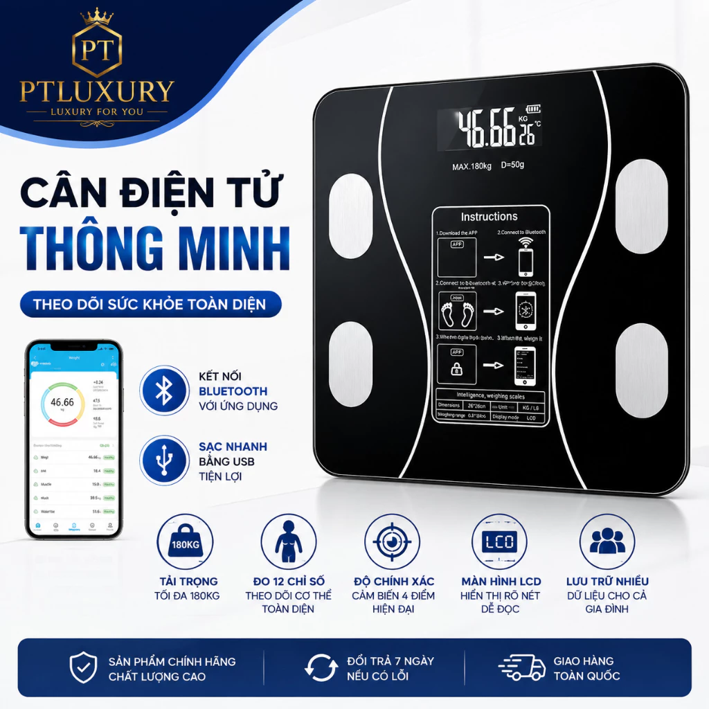 Cân Điện Tử PTLUXURY Kết Nối Bluetooth Phân Tích Chỉ Số Cơ Thể [ HÀNG TỐT ]