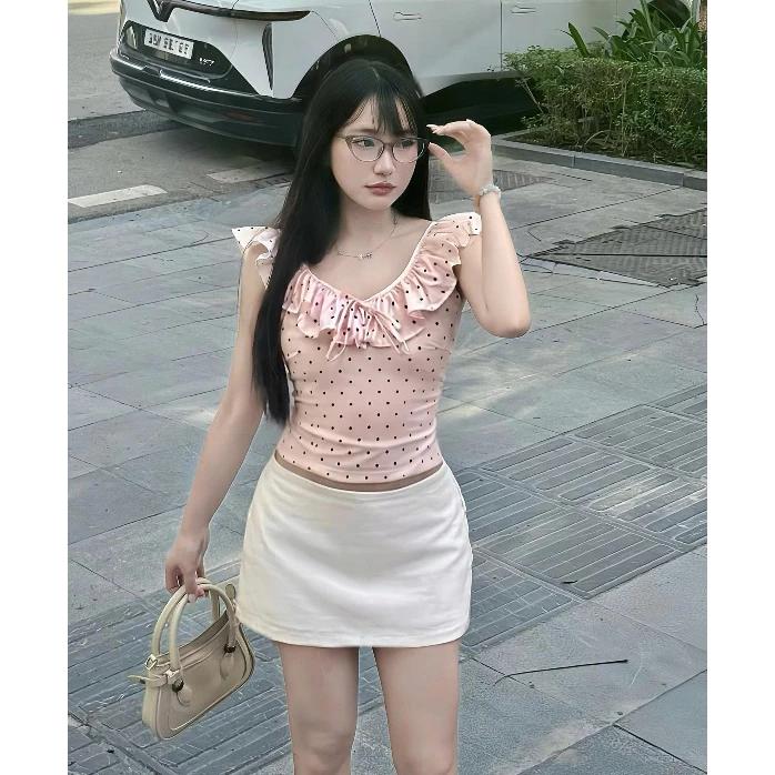 (DEAL mở bán) Kèm Mút- Áo croptop nữ bèo nhún dáng ôm hồng chấm bi, Áo kiểu nữ tiểu thư hở lưng quyến