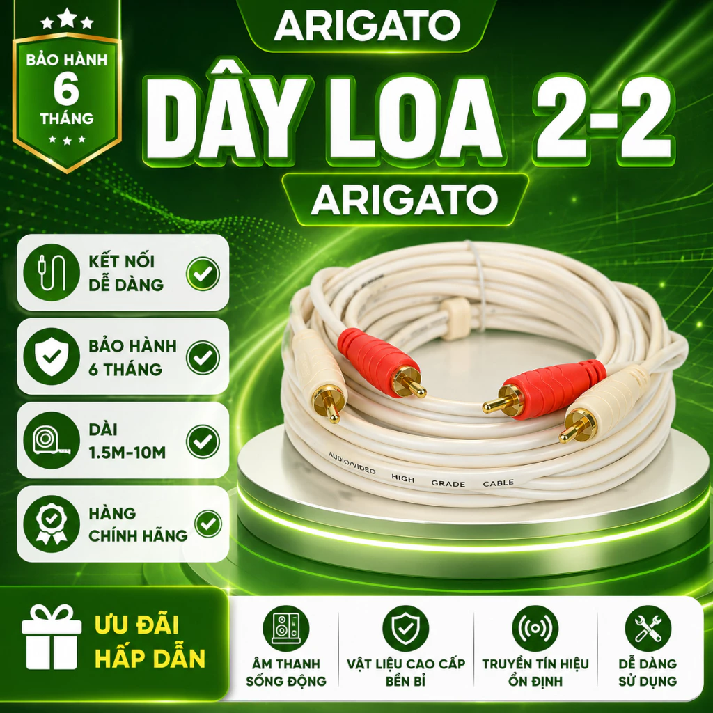 Dây Loa 2 Ra 2 ARIGATO 10M Chính Hãng Cáp RCA Kết Nối Âm Thanh Ổn Định Cho Laptop Máy Tính