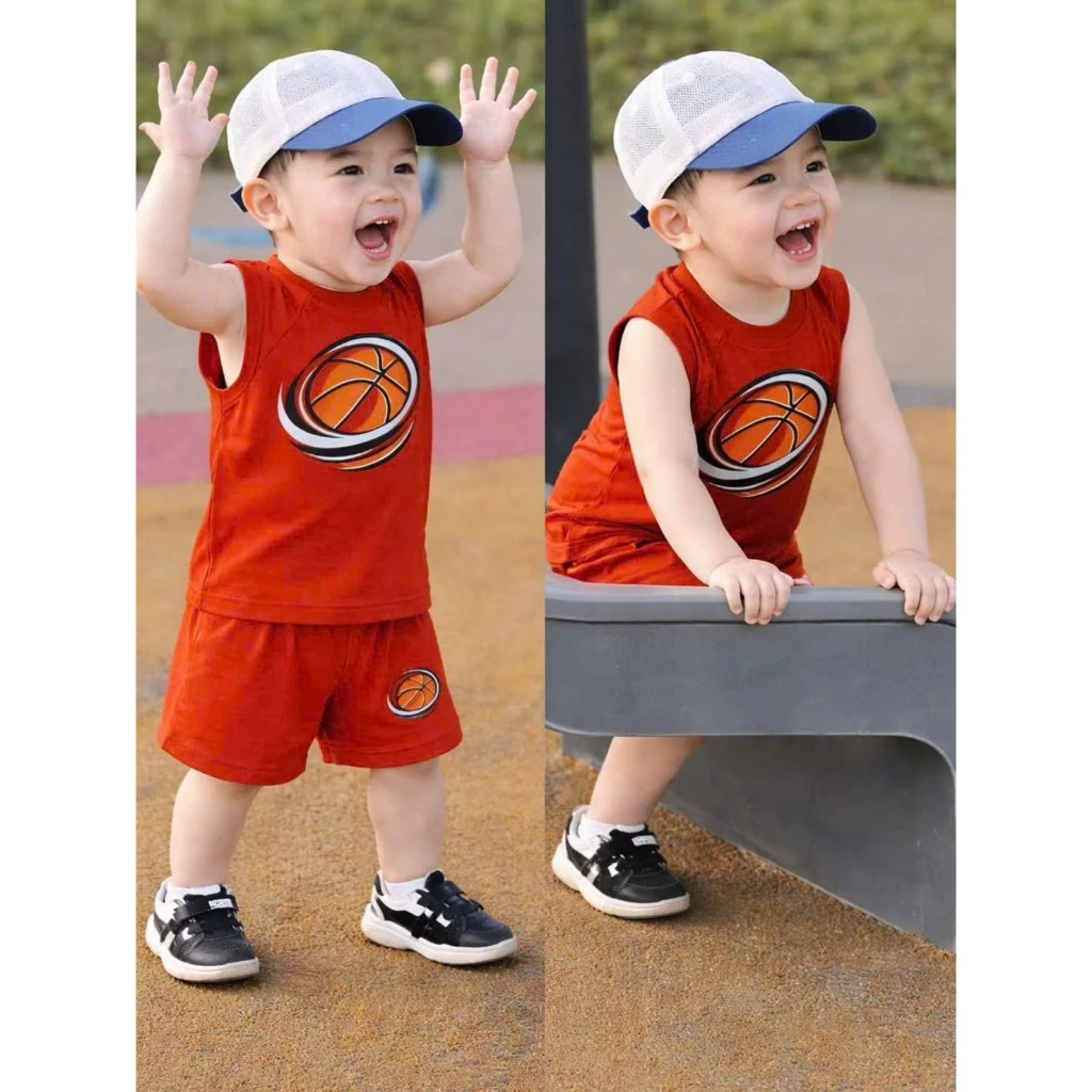 [A34] Bộ ba lỗ bé trai in hình bóng rổ, set áo sát nách quần short thun cotton mặc hè đi chơi cho bé 8 - 21kg